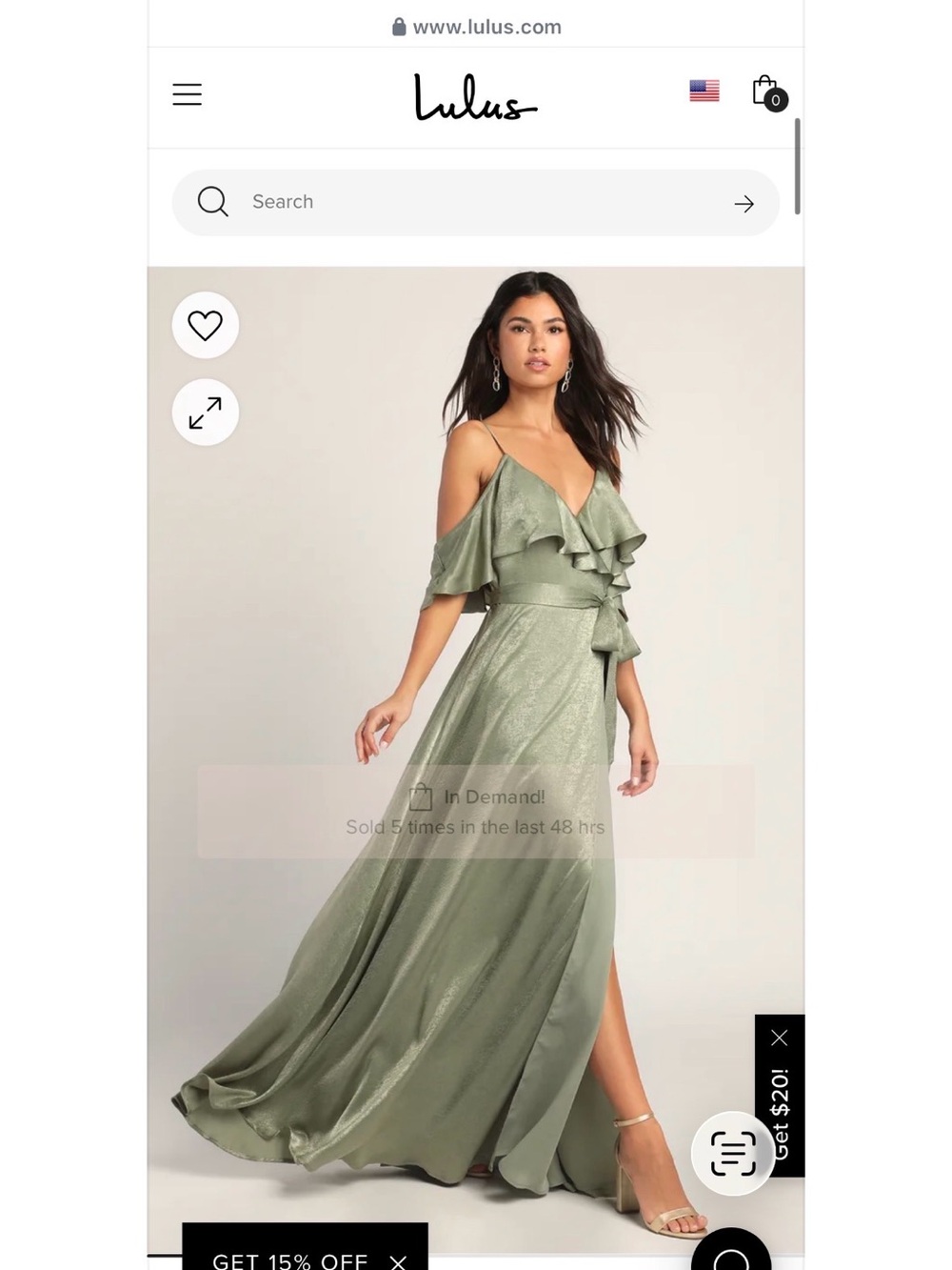 Lulu's Olive Green Shimmer Cold-Shoulder Ruffle Maxi Dress